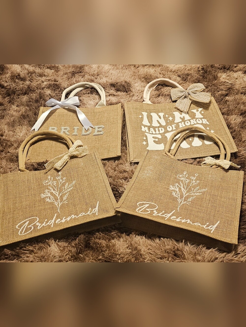 Bride, Maid Of Honor, & Bridesmaids Rustic Totes W/ 4 hair Clips And Ring Pillow